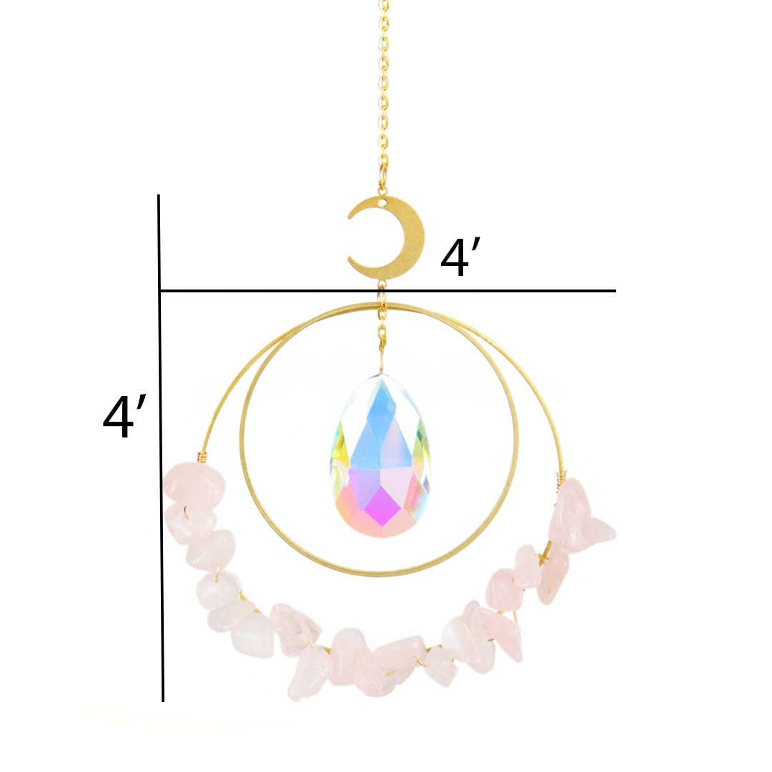 Decorative Double Circle Gemstone Suncatcher with gold circles, moon, and pink crystals