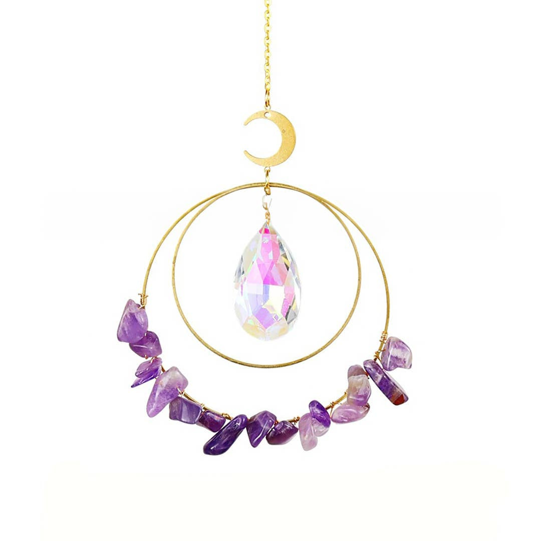 Gold hoop suncatcher with amethyst and crescent moon in Double Circle Gemstone design