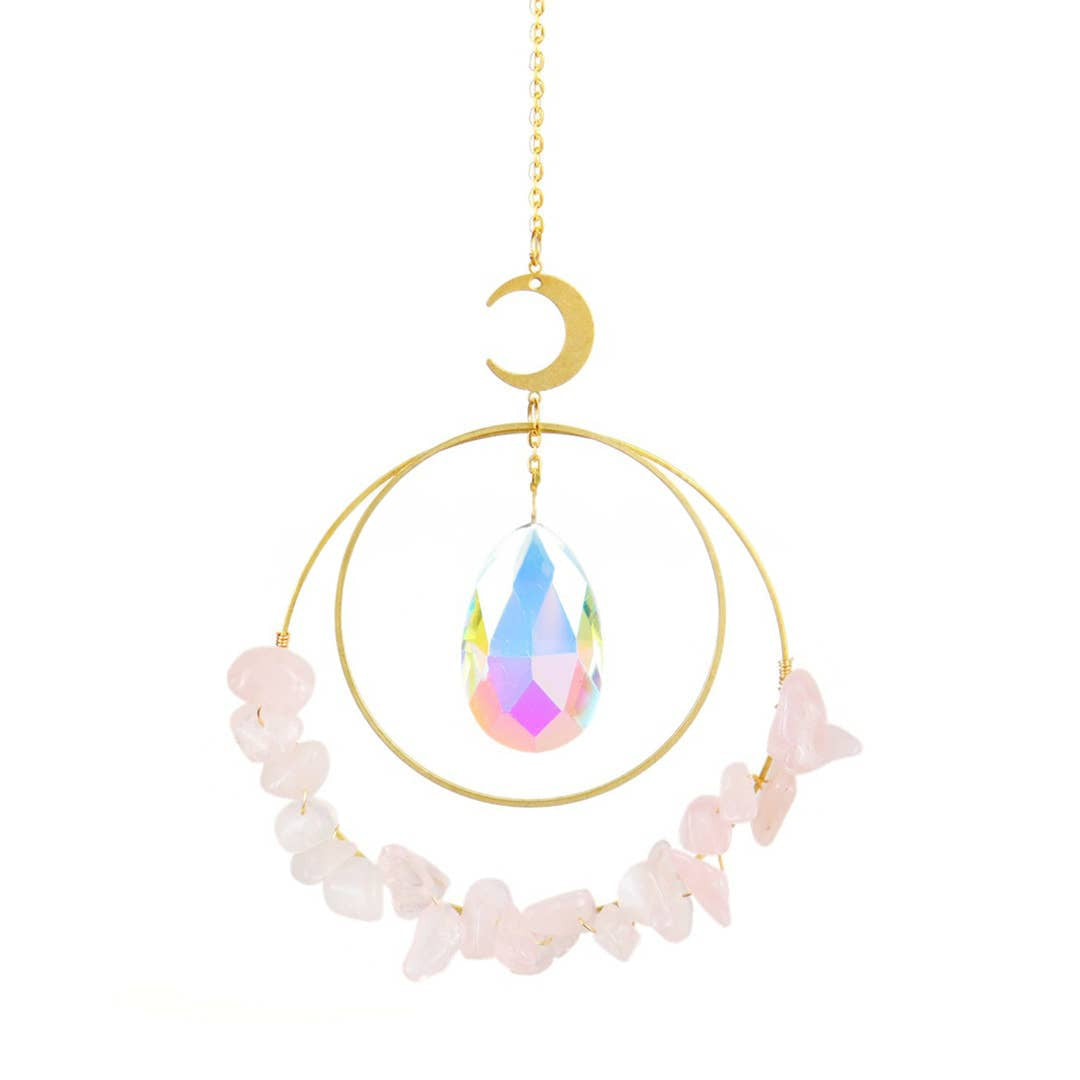 Gold Crescent Moon Suncatcher with Rose Quartz and Iridescent Crystal Drop #LV4411