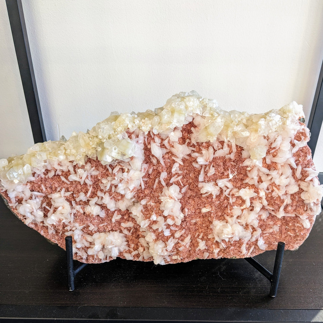 Double sided red heulandite and diamond apophyllite geode with dense rose quartz and translucent white crystals