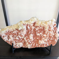 Double sided red heulandite and diamond apophyllite geode with dense rose quartz and translucent white crystals