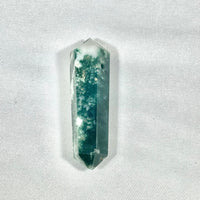 Thumbnail for Double terminated crystal point pendant with green inclusions and clear structure