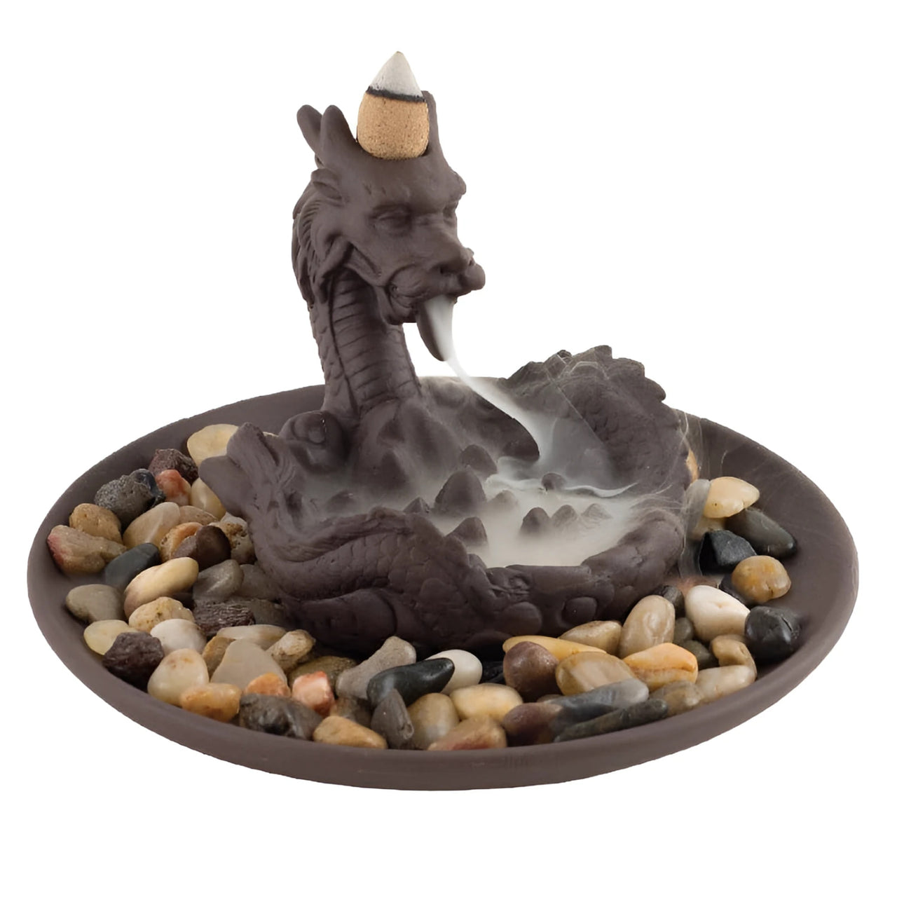 Dark brown ceramic Dragon Backflow Incense Burner LV9674 with smoke
