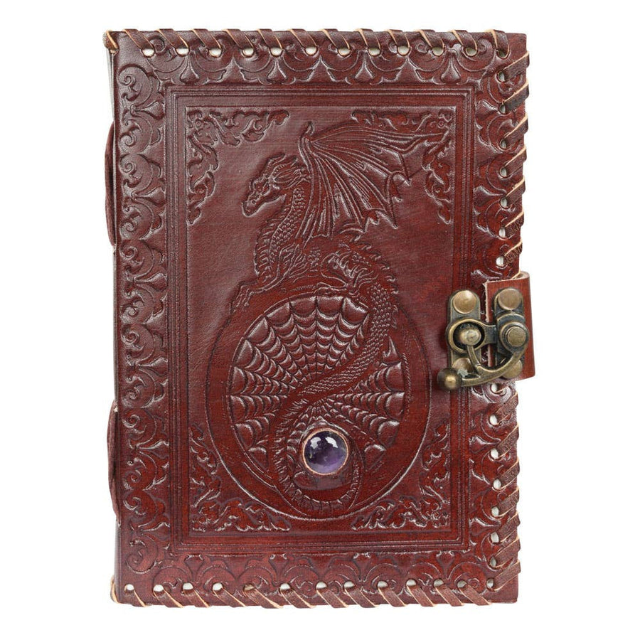 Brown leather dragon journal BC0463 with purple gem and brass clasp