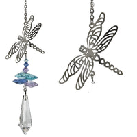 Silver dragonfly crystal suncatcher with blue accents on beaded chain, Woodstock CFDR