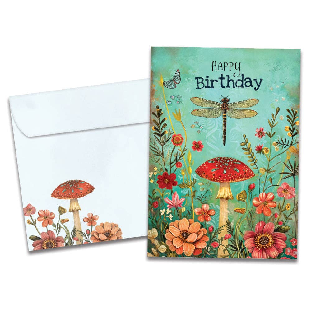 Vibrant Dragonfly Toadstool Birthday Greeting Card #22245 with red mushrooms