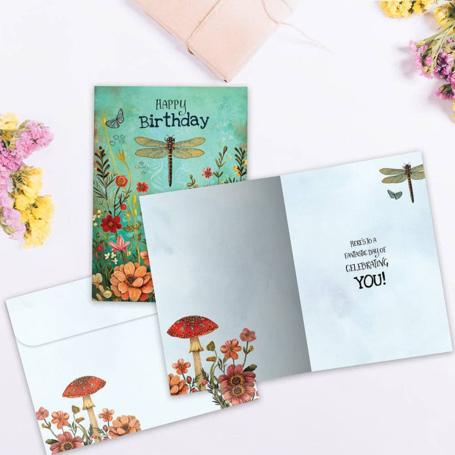 Dragonfly Toadstool Birthday Greeting Card #22245 with teal floral dragonfly design