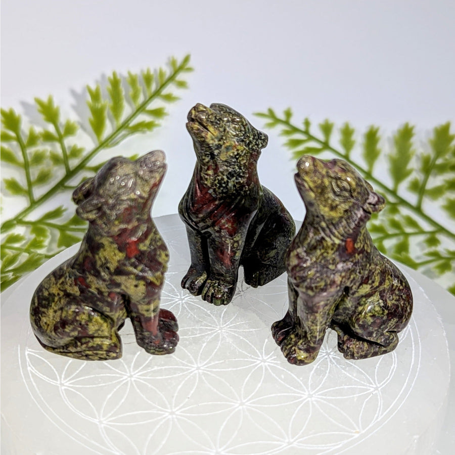 Three intricately carved Dragons Blood Jasper bear figurines, #BC0896