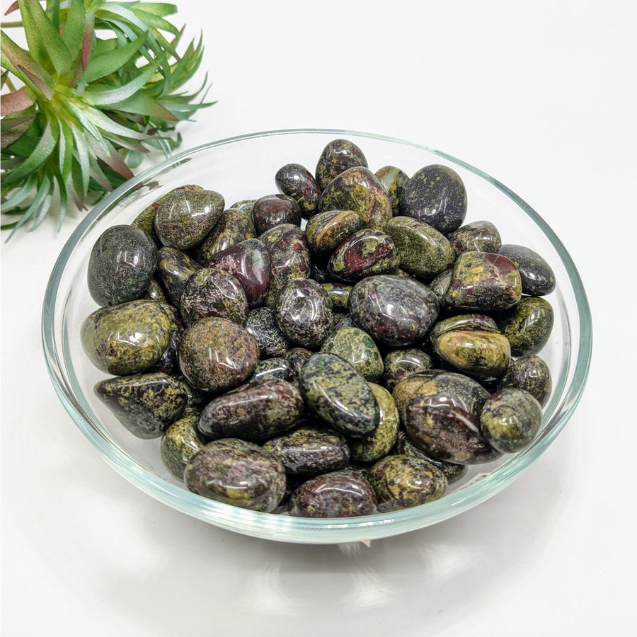 Dark polished Dragon’s Blood Jasper tumbled stones in a decorative glass bowl