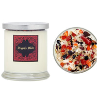Dragon’s Blood soy crystal candle in glass jar with gemstones