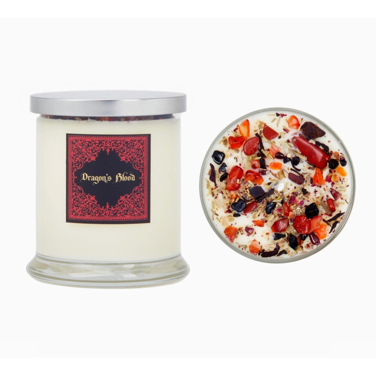 Cream dragon’s blood soy candle in glass jar with gemstones