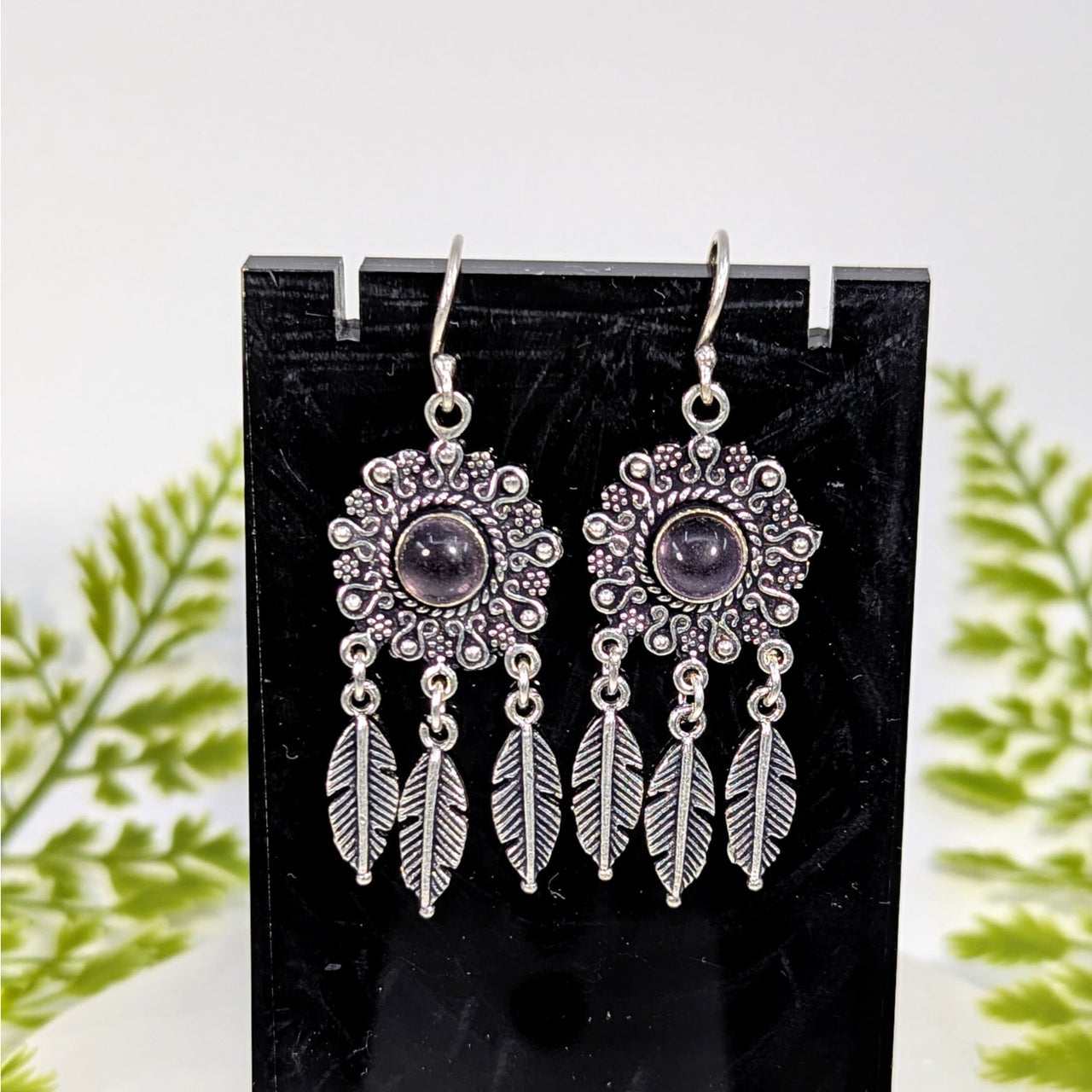 Dream Catcher 1.6’’ silver dangle brass earrings with purple gem #BC0946