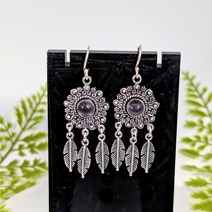 Dream Catcher 1.6’’ silver dangle brass earrings with purple gem #BC0946