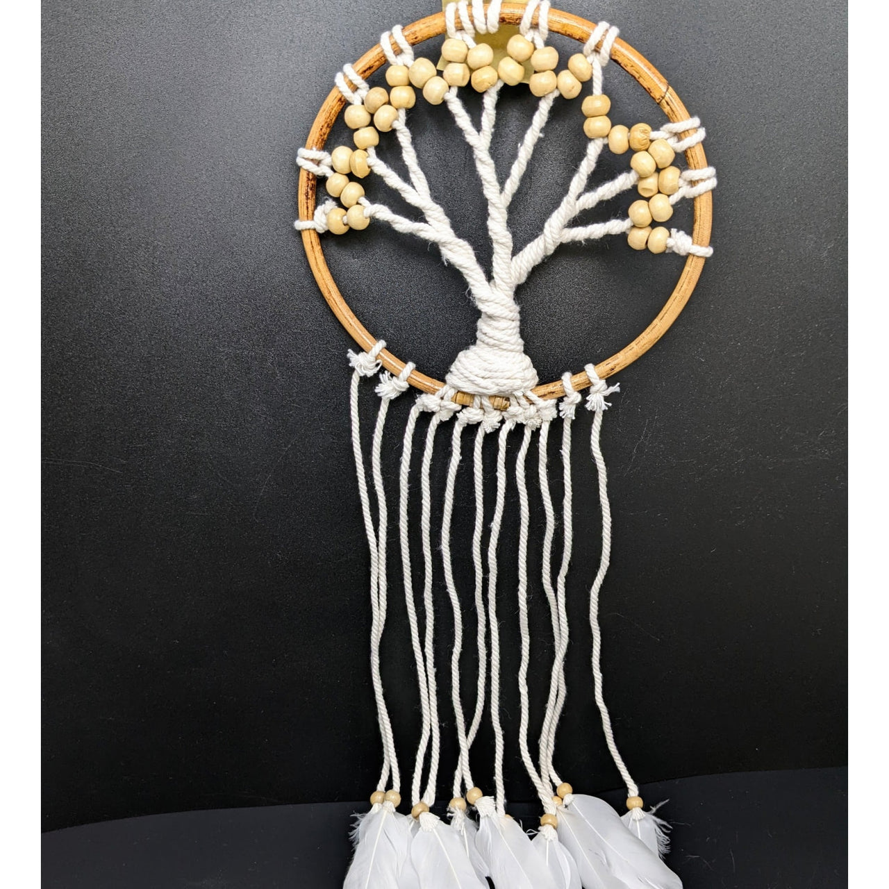 White dream catcher with wooden beads and feathers - Dreamcatcher White Tree of Life #SK9573