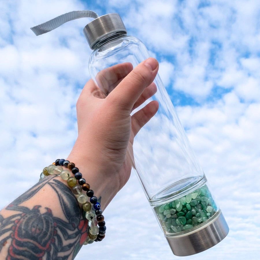 Glass Water Bottle with Crystal Compartment and Sleeve - includes mini crystals #BC0557