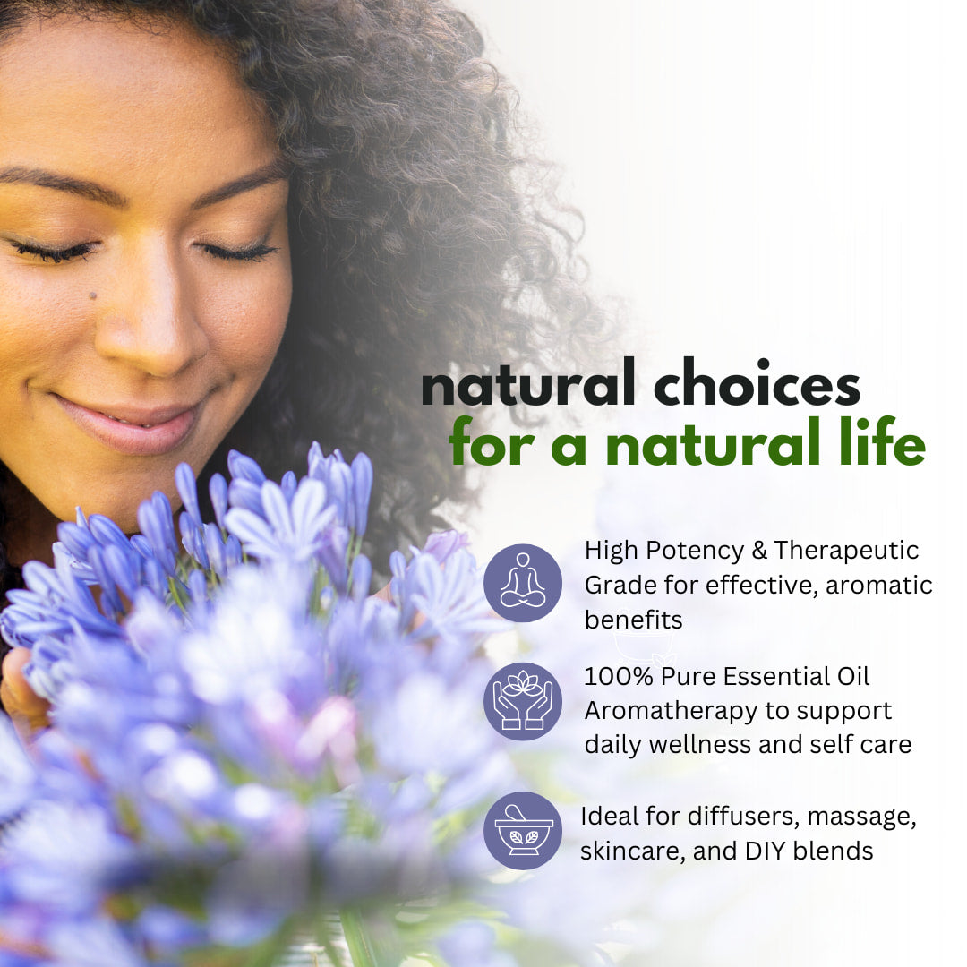 Woman with curly dark hair holding vibrant purple agapanthus bouquet, Best of Nature BN59 oil blend