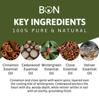 Eastern Aromatique essential oil blend with cinnamon, cedarwood, wintergreen, clove, and vetiver icons, 15ml by Best of Nature BN59