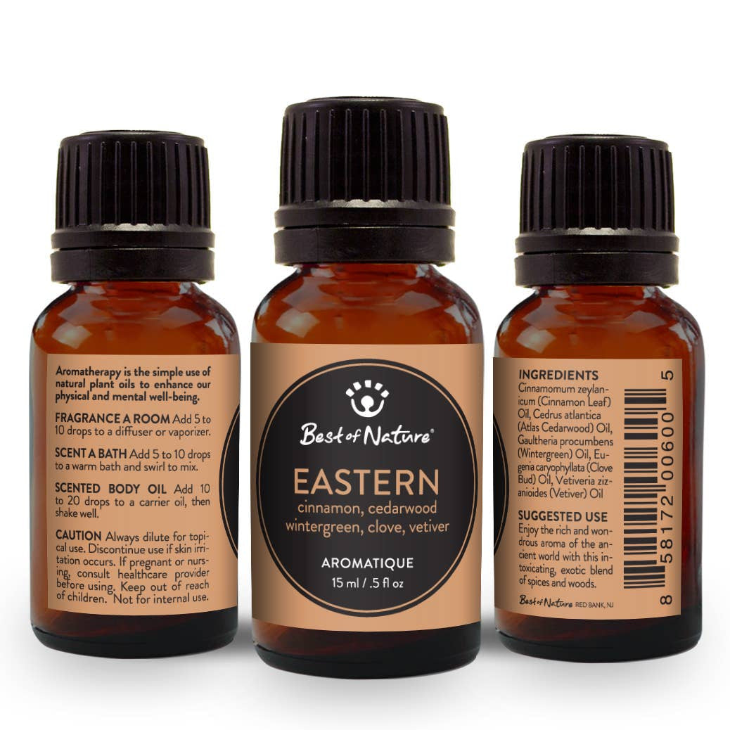 Three 15ml Eastern Aromatique essential oil blend bottles by Best of Nature