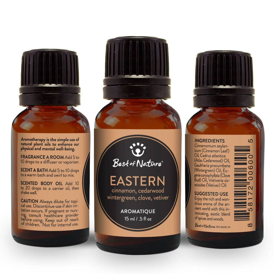 Three 15ml Eastern Aromatique essential oil blend bottles by Best of Nature