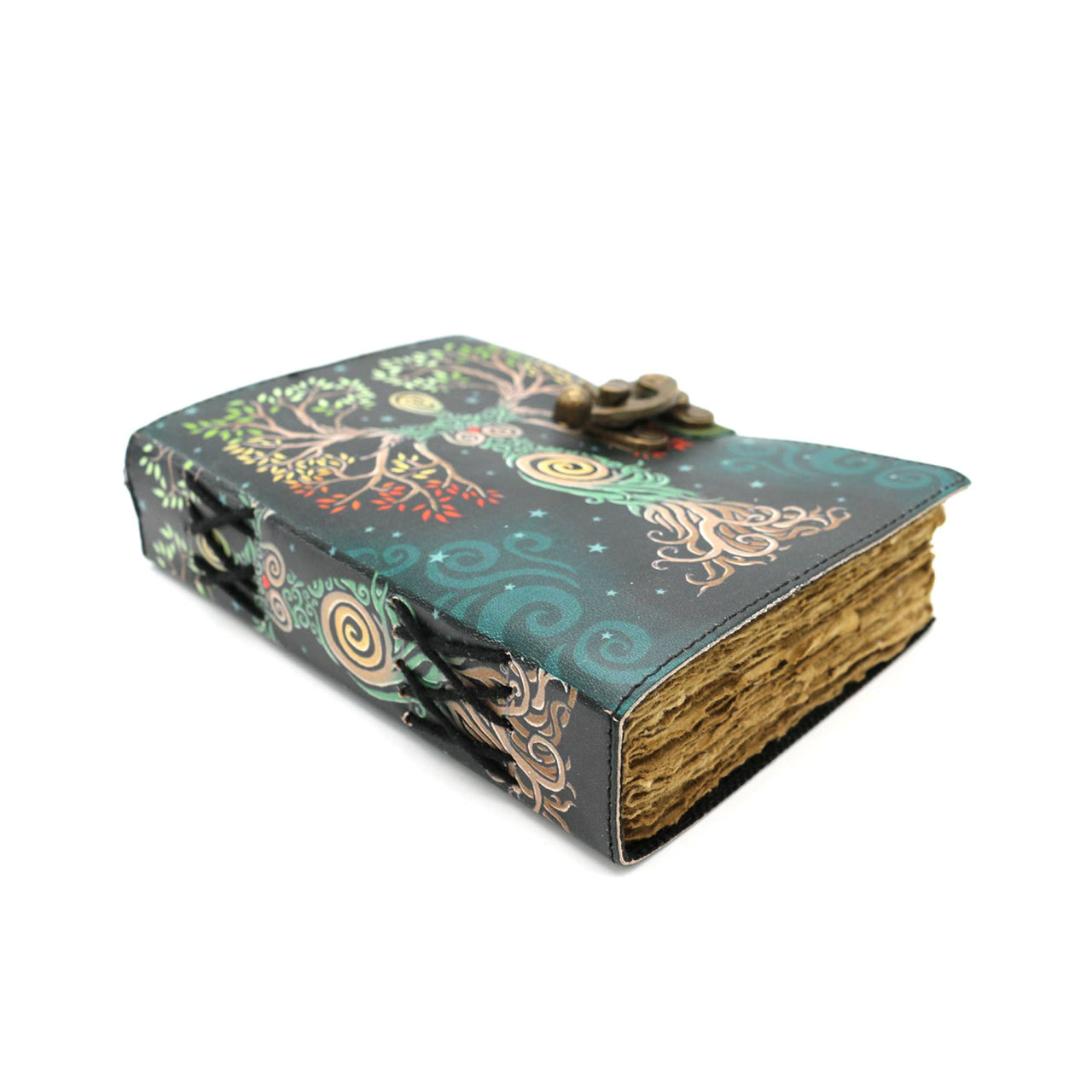 Dark green leather journal with gold tree-of-life embossing and brass clasp