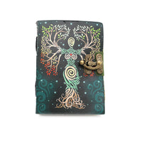 Dark green embossed Goddess of Life leather journal with tree design, 5x7 in