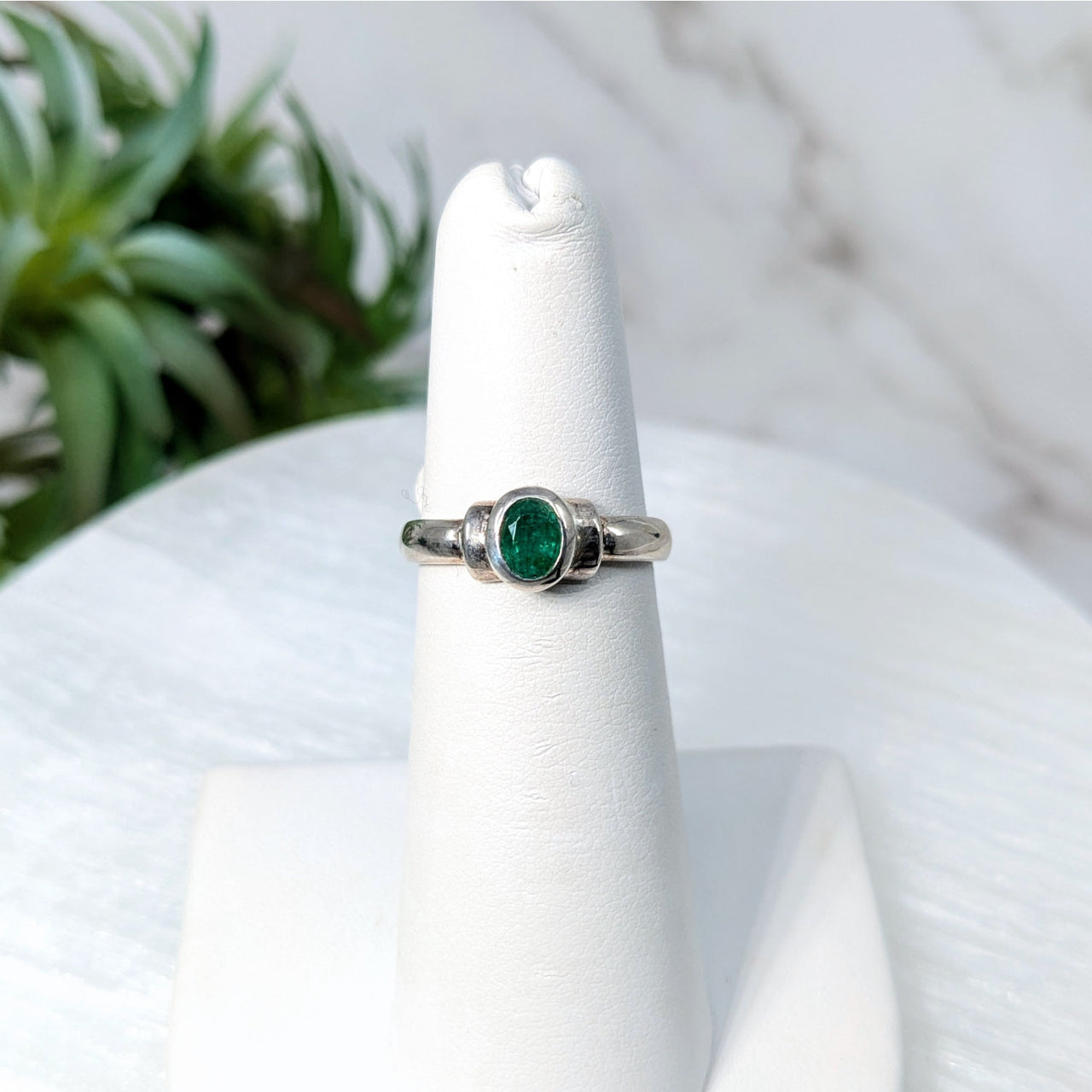 Silver ring with oval green emerald gemstone in the Emerald S. S. Ring #LV5514