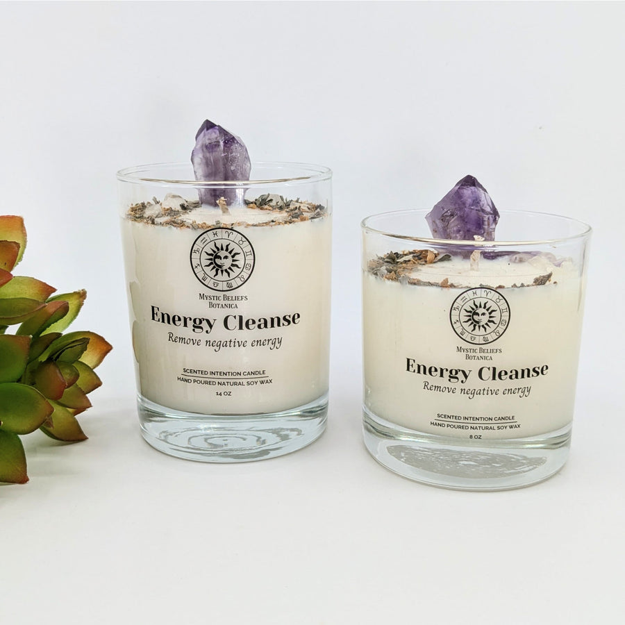 Crystal-topped candles from Energy Cleanse Scented Intention Soy Candle collection