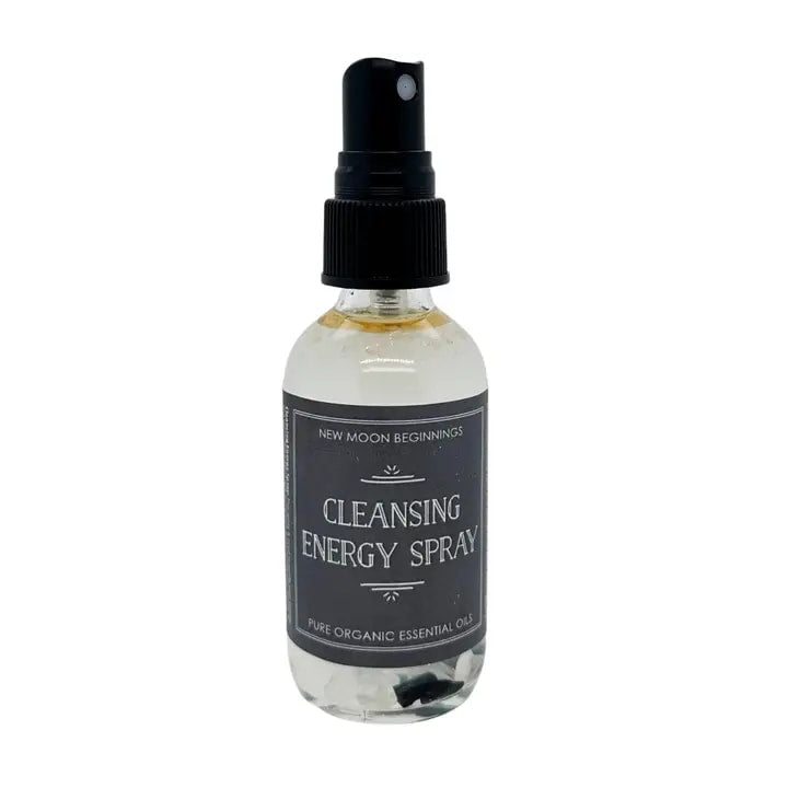 Clear glass bottle with black spray top for Energy Cleansing Protection Spray