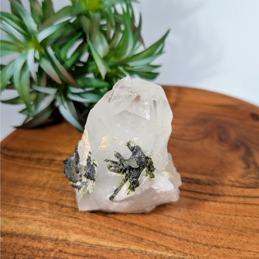Clear quartz crystal with dark green Epidote inclusions, 2.3 inches long, natural point