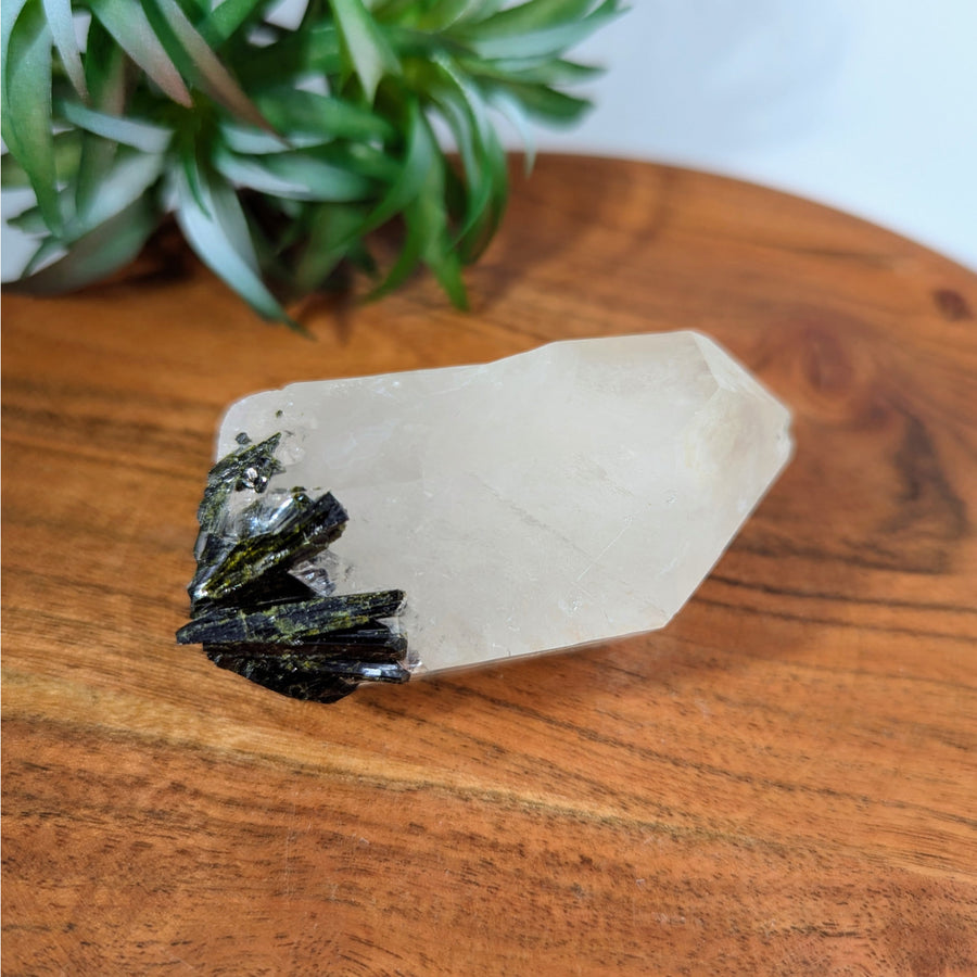 Quartz crystal with black Tourmaline shown in Epidote on Quartz 3 inch Natural Point product