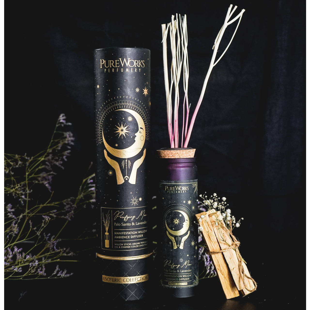 Black and gold celestial reed diffuser with packaging, featuring Purifying Moon and Palo Santo