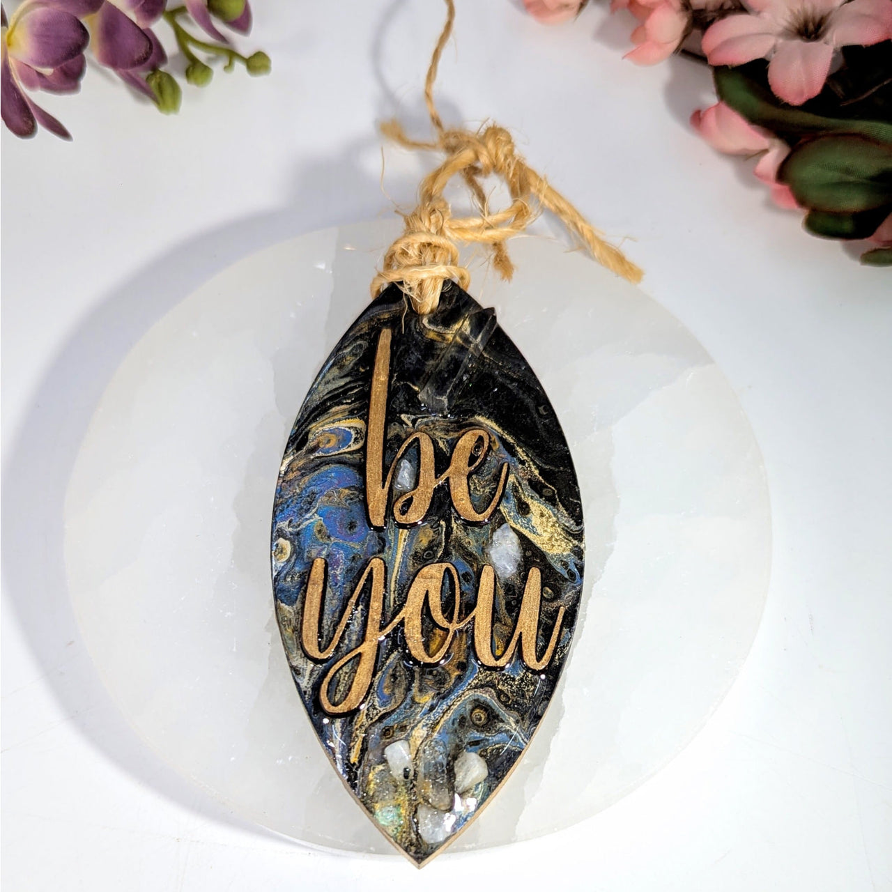 Be You Etched 6-inch resin crystal hanging ornament with marbled leaf design