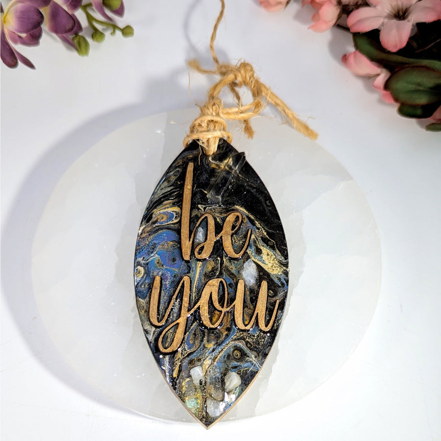 Be You Etched 6-inch resin crystal hanging ornament with marbled leaf design