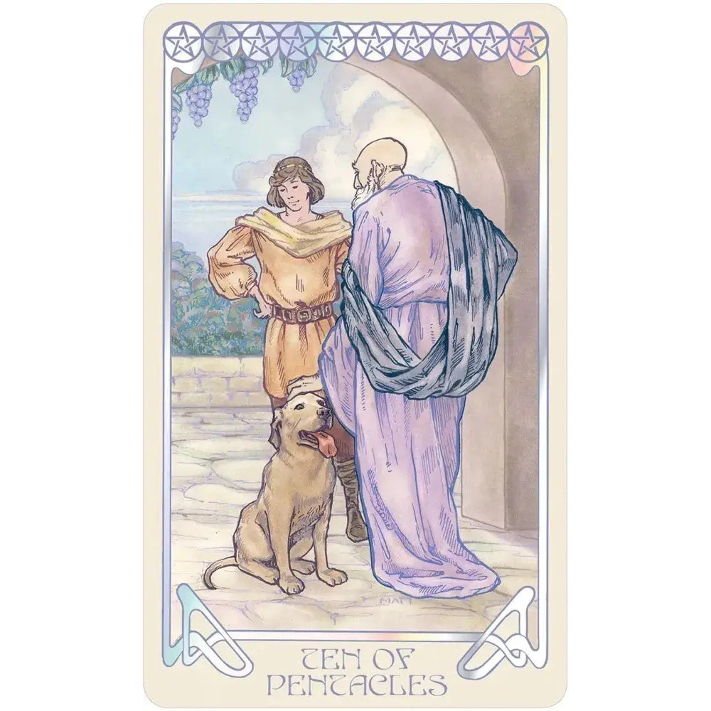 Ethereal Visions Tarot Luna Edition Ten of Pentacles card with family, dog, pentagrams