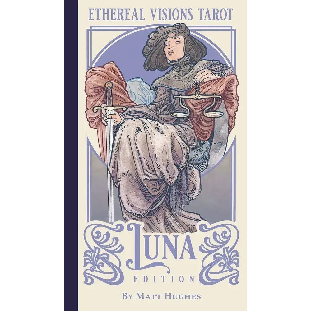Ethereal Visions Tarot Luna Edition cover with robed figure holding sword and scales