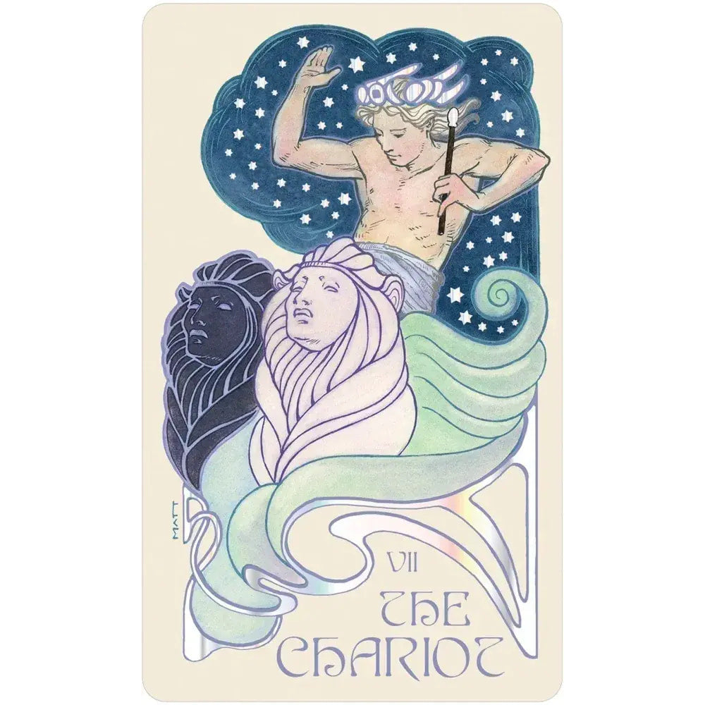 Art Nouveau Chariot tarot card with celestial figure, lions, in blues and greens, Ethereal Visions Tarot Luna Edition LV9579