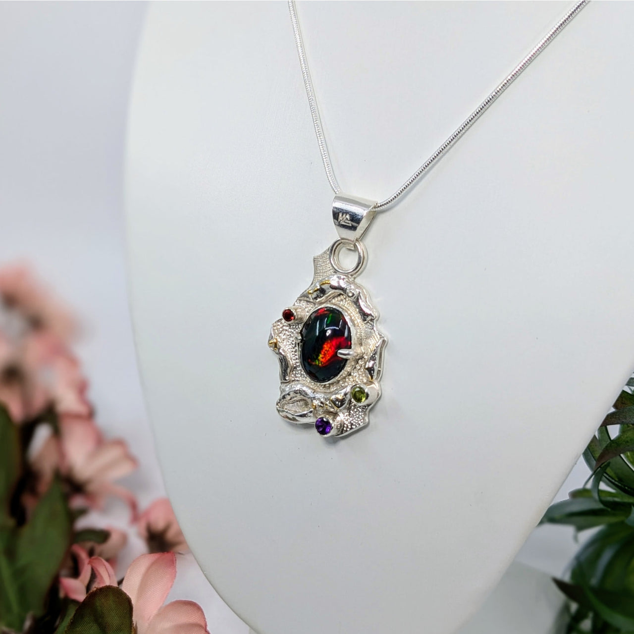 Silver Ethiopian Dark Opal Pendant with Garnet, Peridot, Amethyst in ornate setting