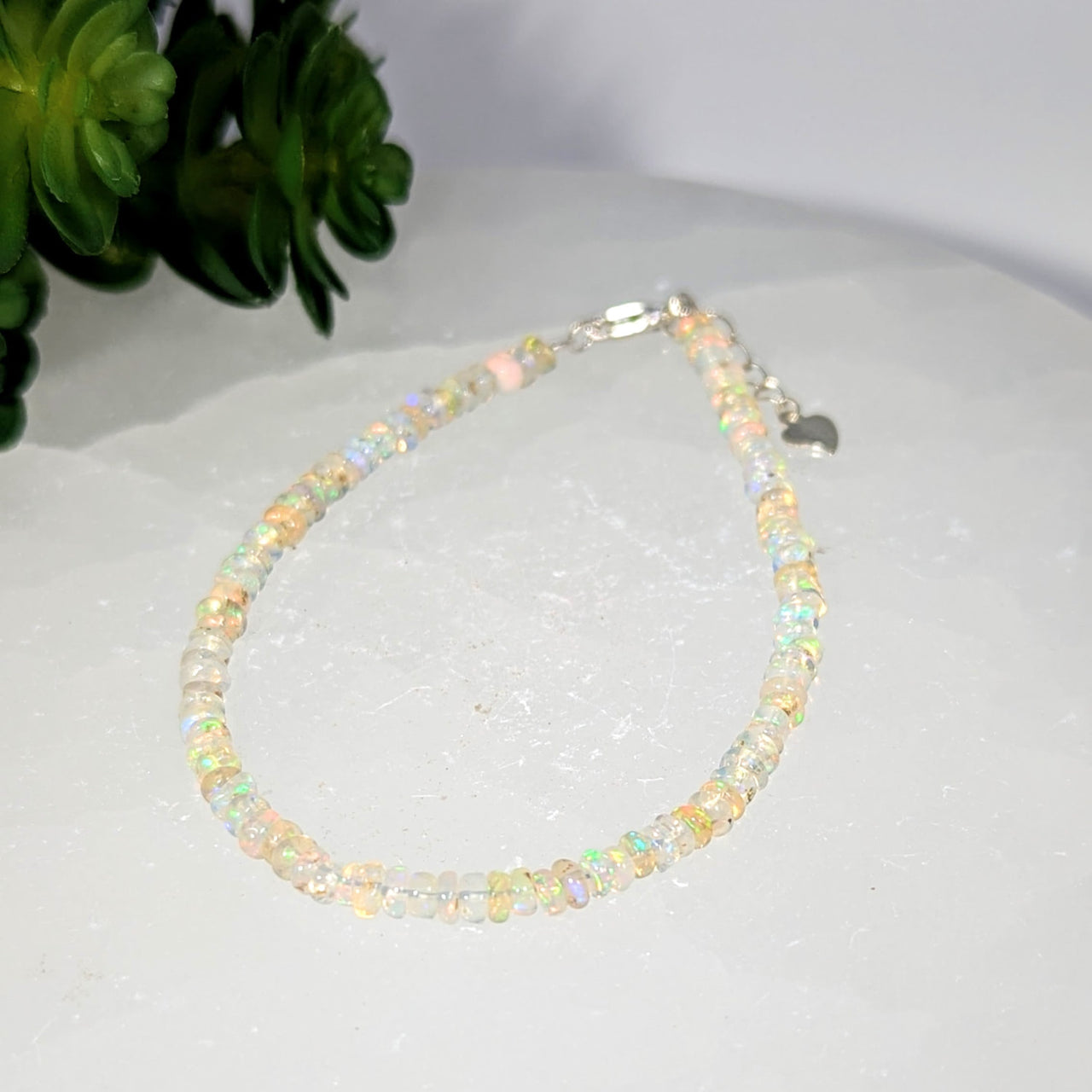 Delicate Ethiopian Opal 3mm Bracelet with Silver Heart Charm #BC0286