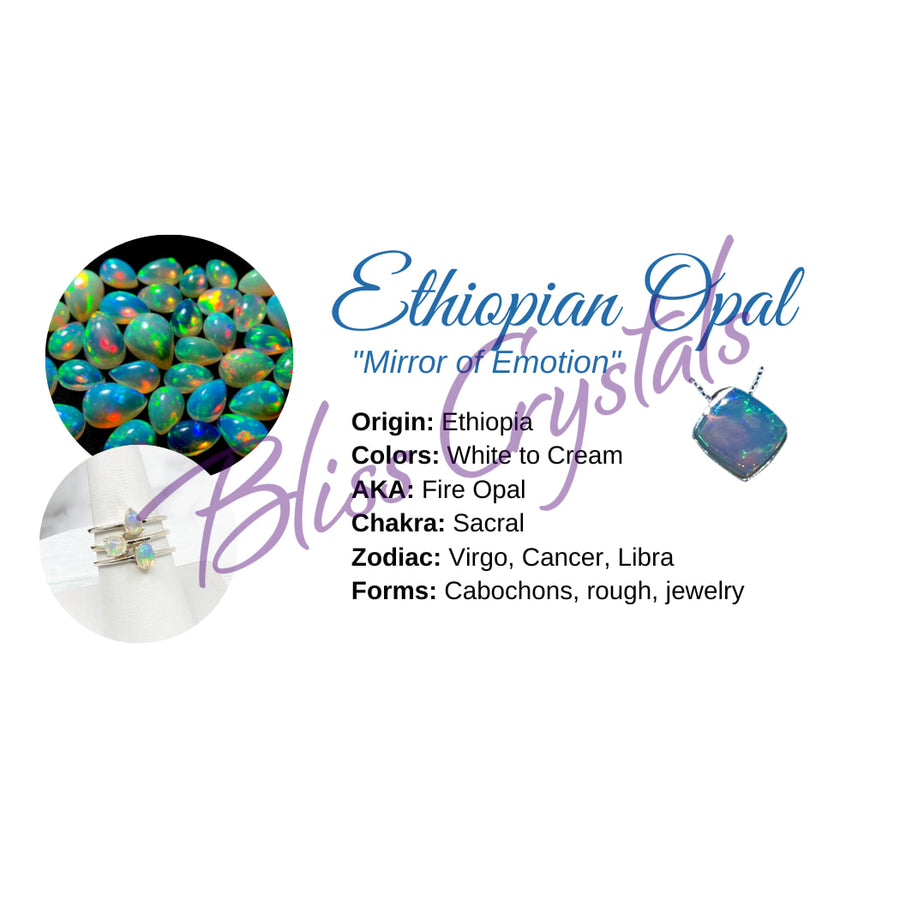 Square Ethiopian opal pendant with iridescent white-cream hues and blue-green flashes on HC194 info card