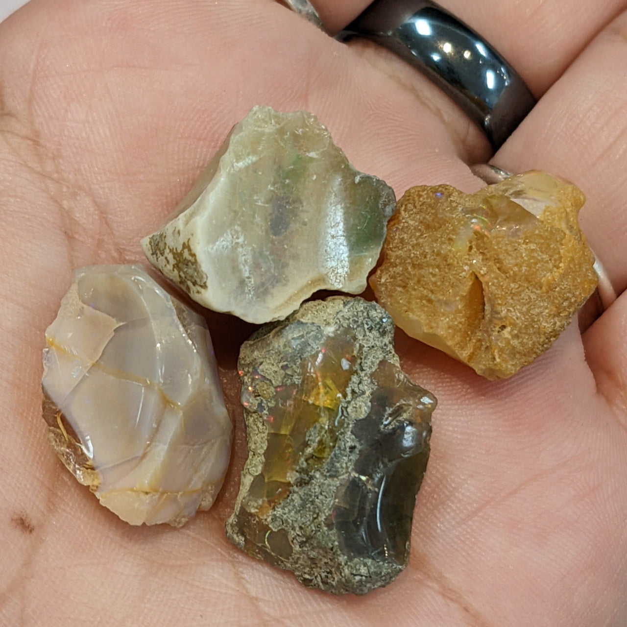 Hand holding Ethiopian Welo Opal rough pieces in natural colors