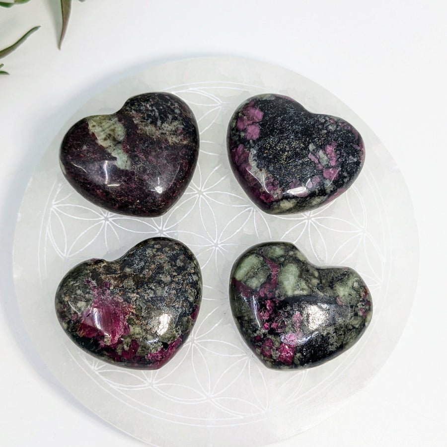 Polished ruby-zoisite small heart bliss crystals for heart area display in Eudialyte #LV7615