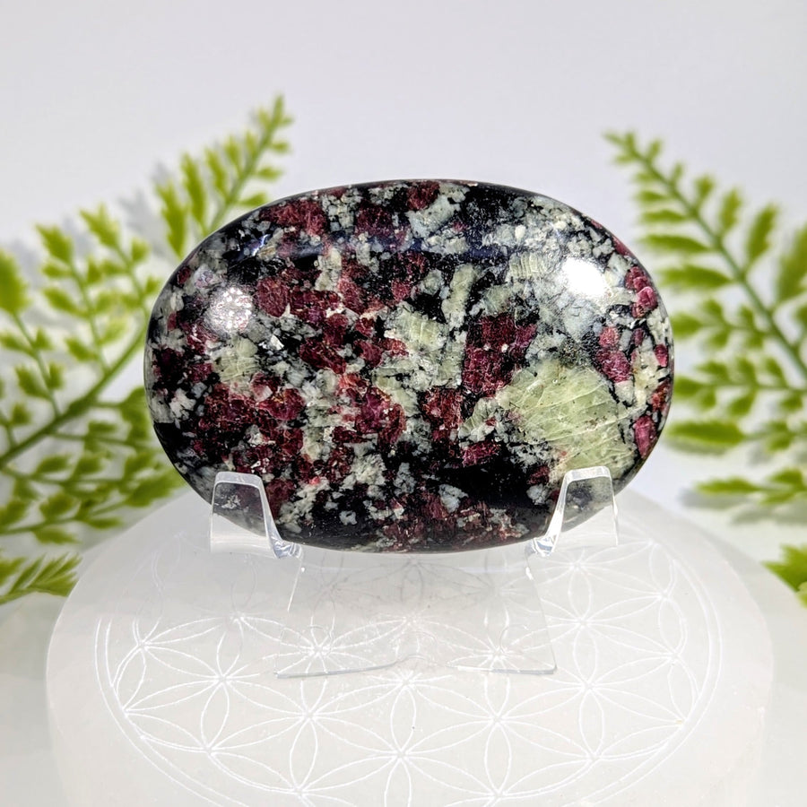 Polished oval ruby quartz with red black green inclusions Eudialyte AA 2.7in #BC0917