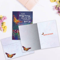 Vibrant butterfly birthday card #21656 with glittery orange black design and happiness message