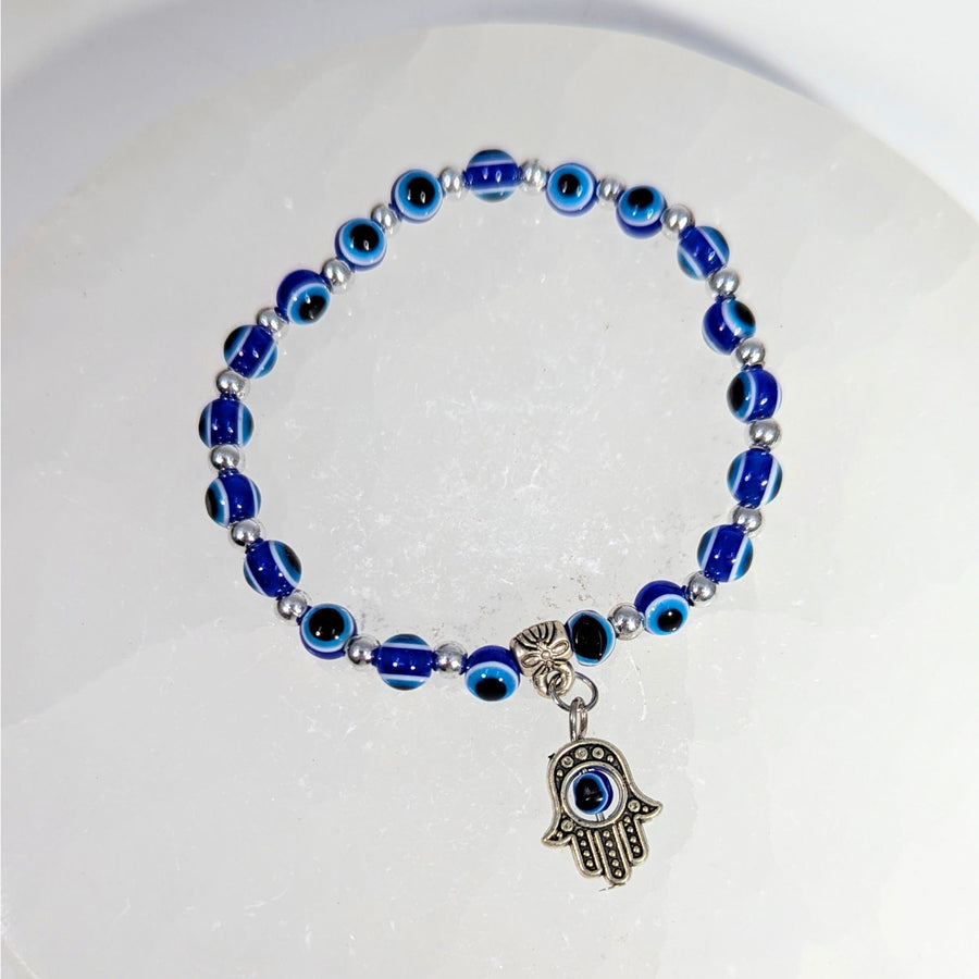 Blue and silver Evil Eye 7’’ beaded bracelet with hamsa hand charm #BC0713
