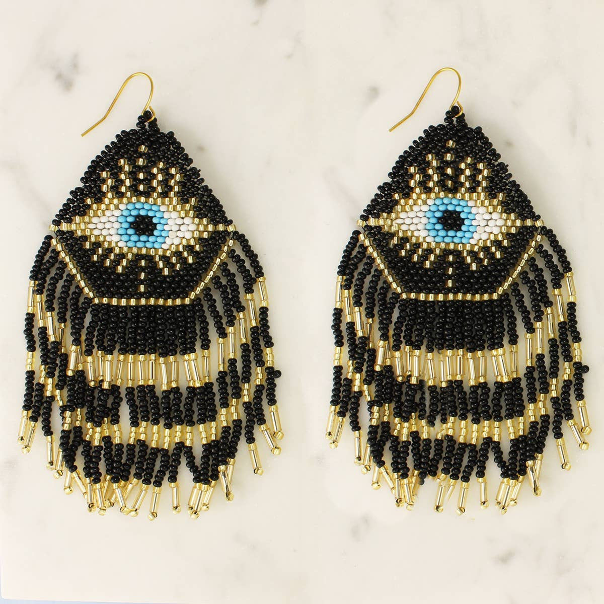 Evil Eye Bead Fringe Earrings #LV5281 - $24.95