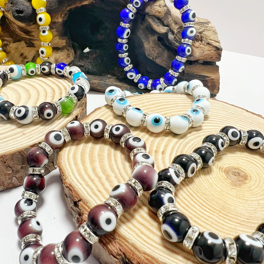 Evil Eye Beaded Bracelet Set LV9552 with Colorful Beads and Silver Accents