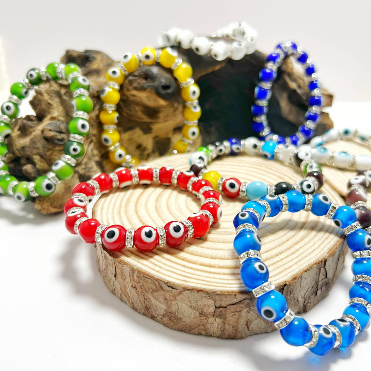 Evil Eye Beaded Bracelet LV9552 with Colorful Beads and Silver Accents