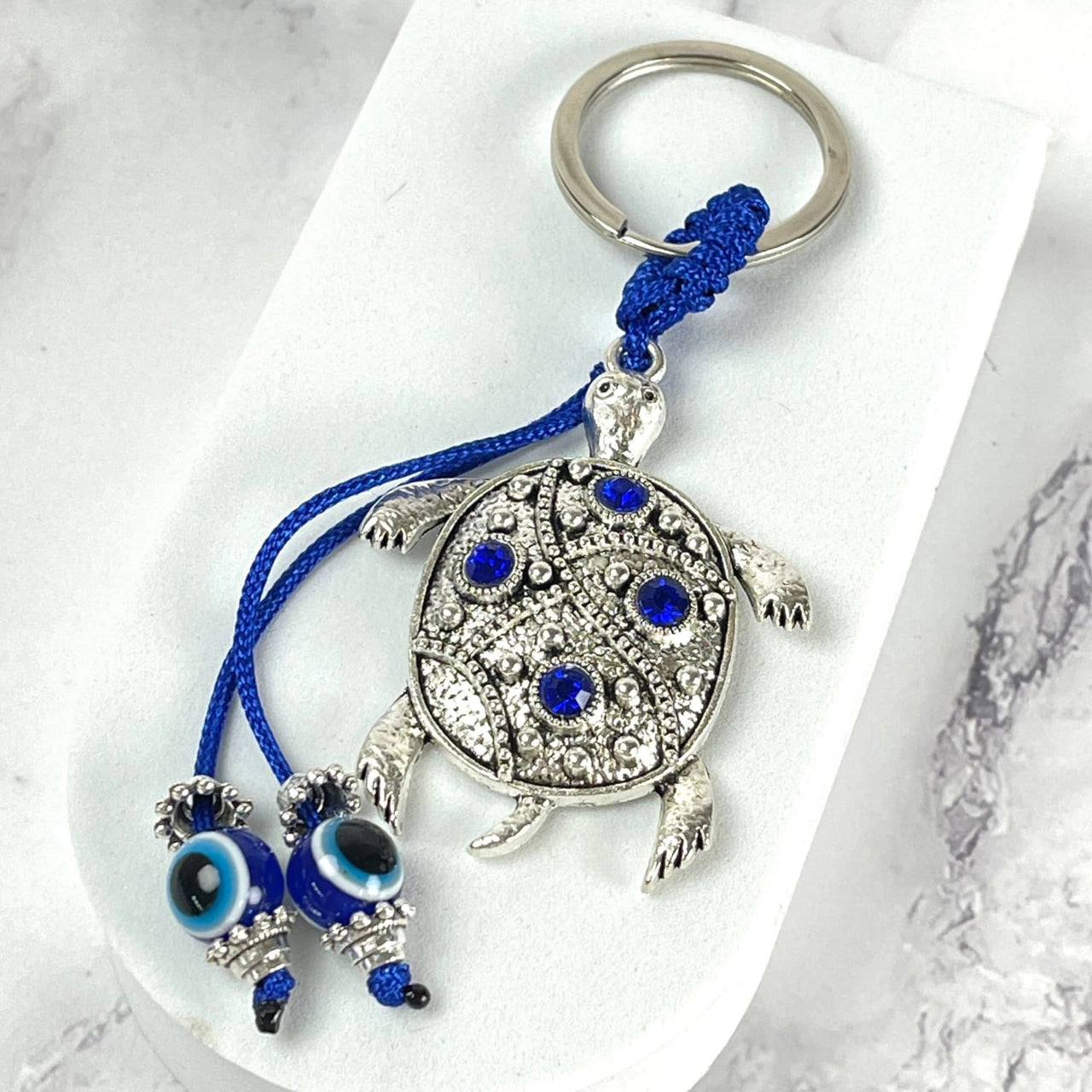 Evil Eye Keychain with Turtle and Blue Bead - Protect and Adorn with #Q198 Ornament