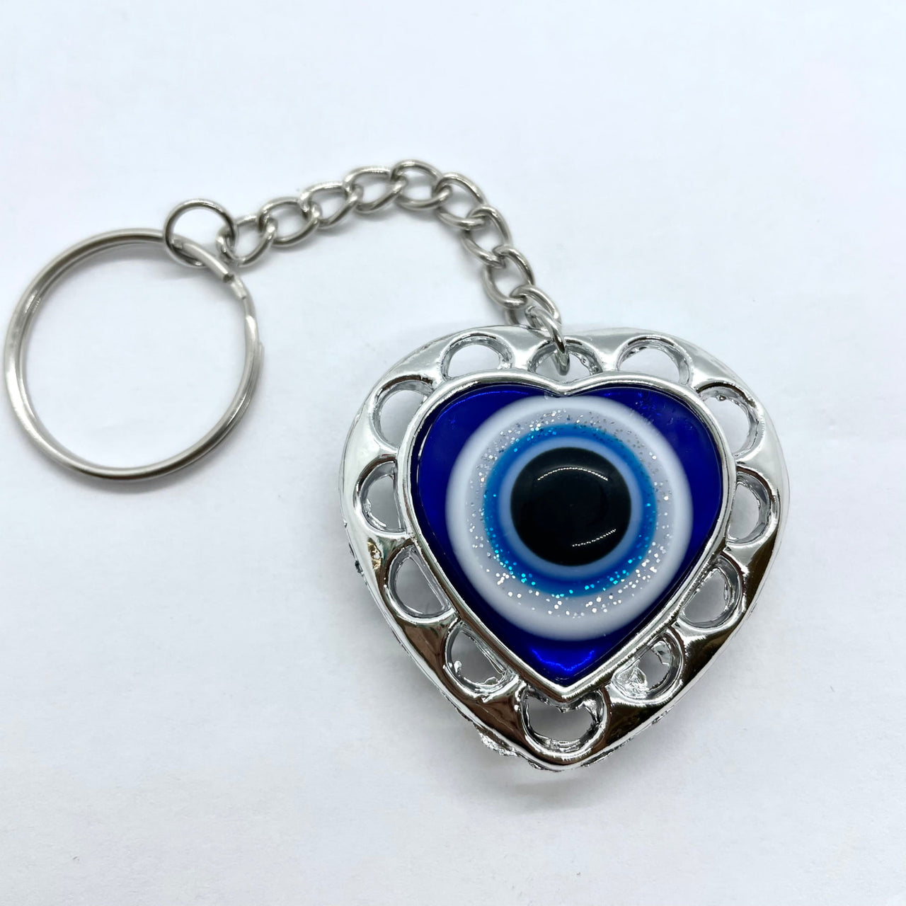 Blue heart-shaped keychain with silver heart evil eye - Evil Eye Keychain/Ornaments #Q198