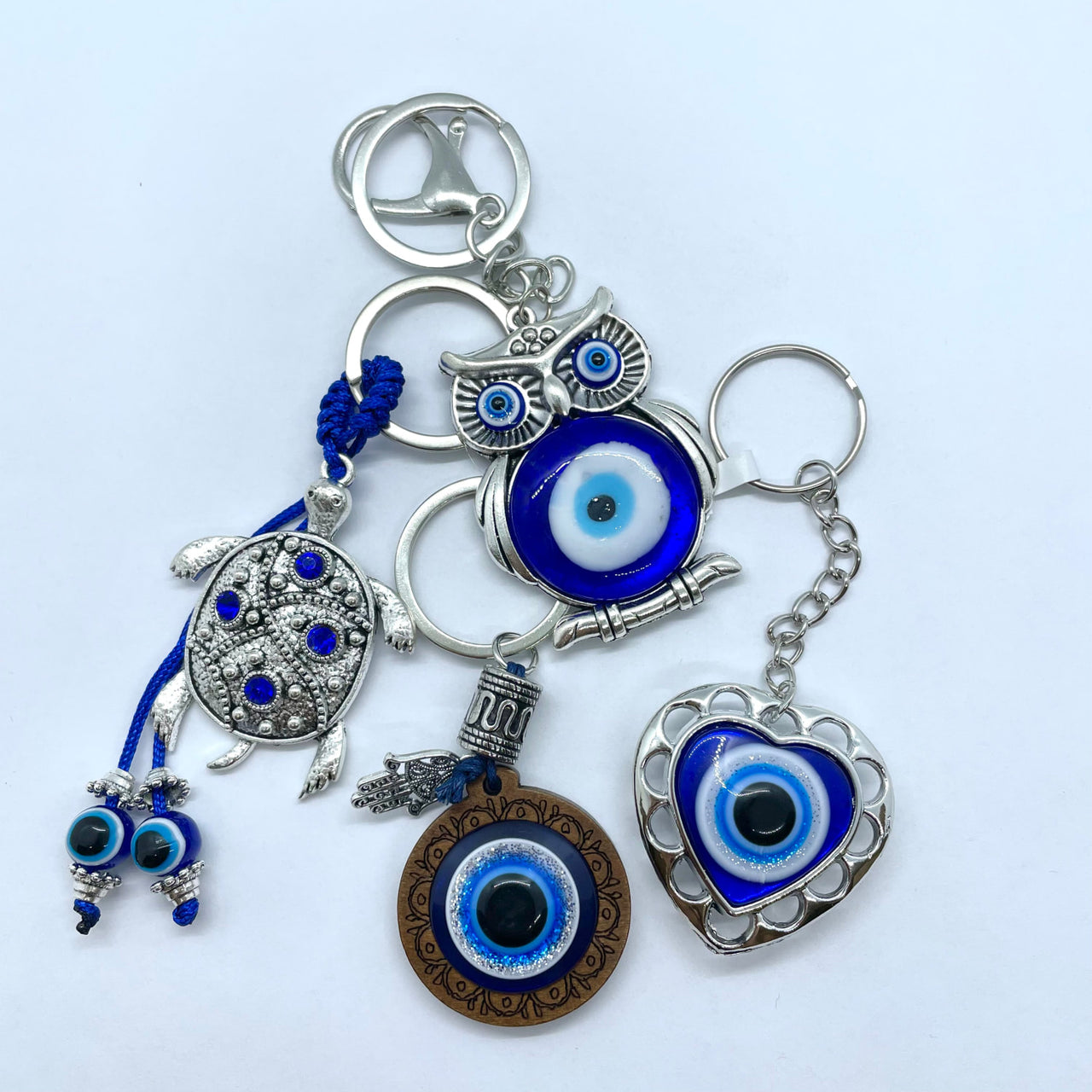 Evil Eye Keychain #Q198 - Blue evil eye and silver keychain charm for protection